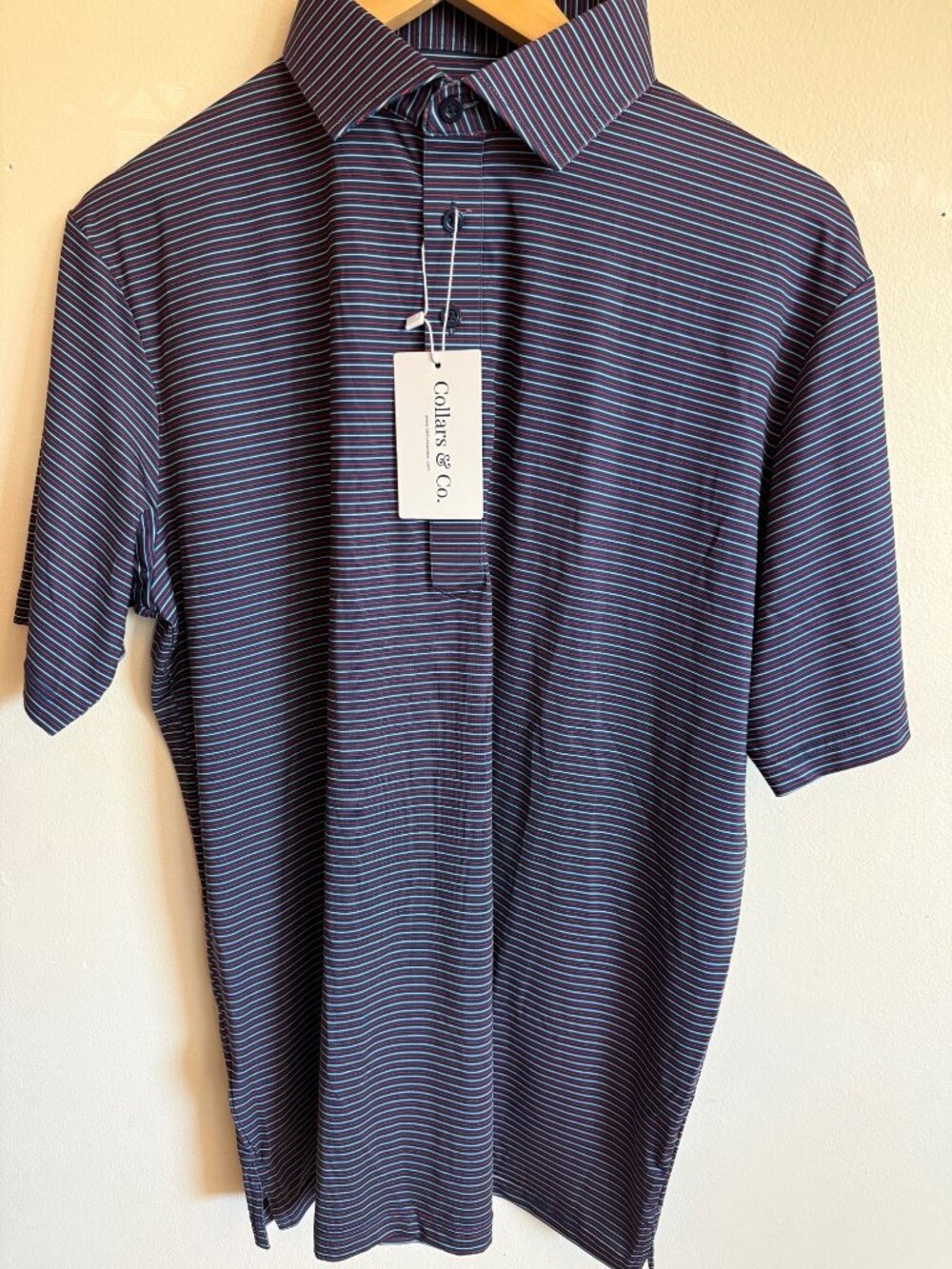 Collars & Co Mens Dress Collar Polo Shirt Navy Red Striped Medium Relaxed Fit Sh